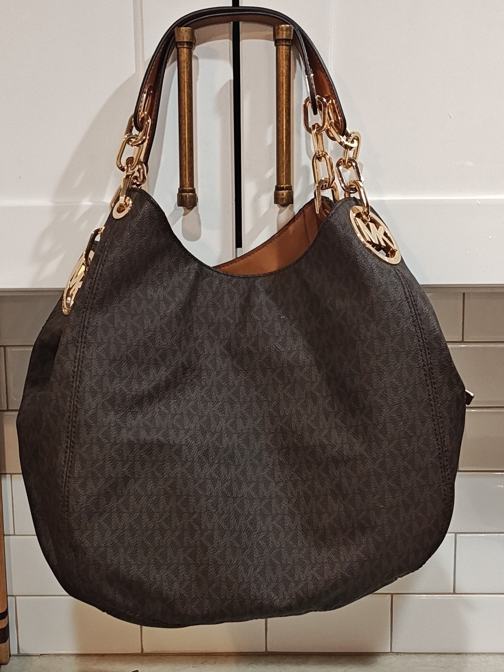 Michael Kors Fulton Large Shoulder Bag Brown MK Monogram Gold Chain Strap Hobo